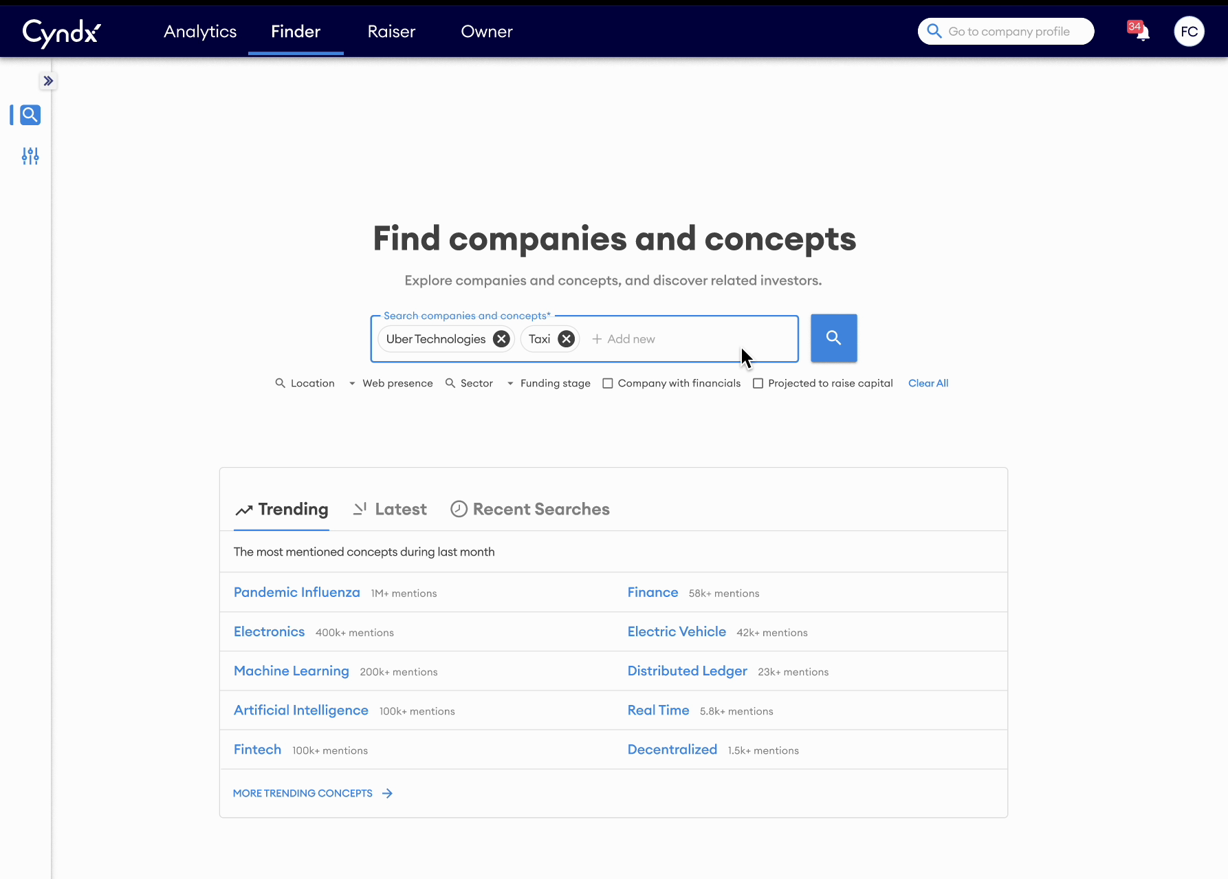 Searching a company and a concept together (Uber Technologies + Taxi)