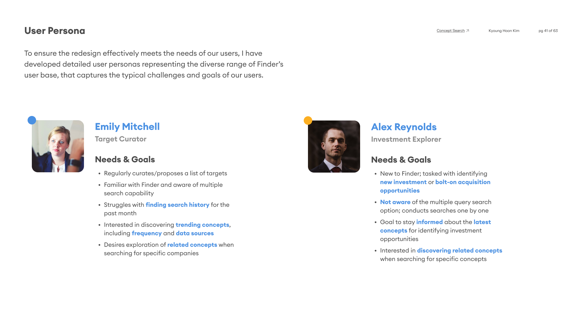 User personas: Emily Mitchell (Target Curator) and Alex Reynolds (Investment Explorer)
