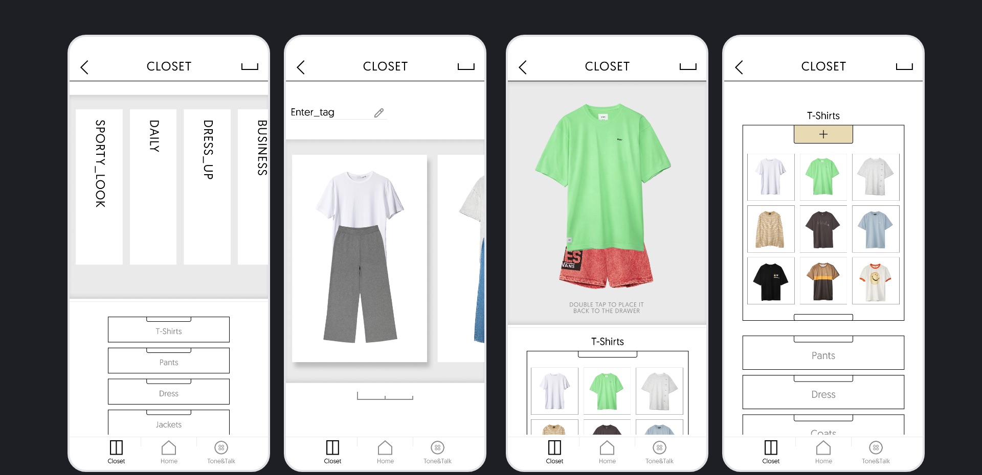 Final UI: closet flow — hanger categories, enter-tag, and drawer grid screens
