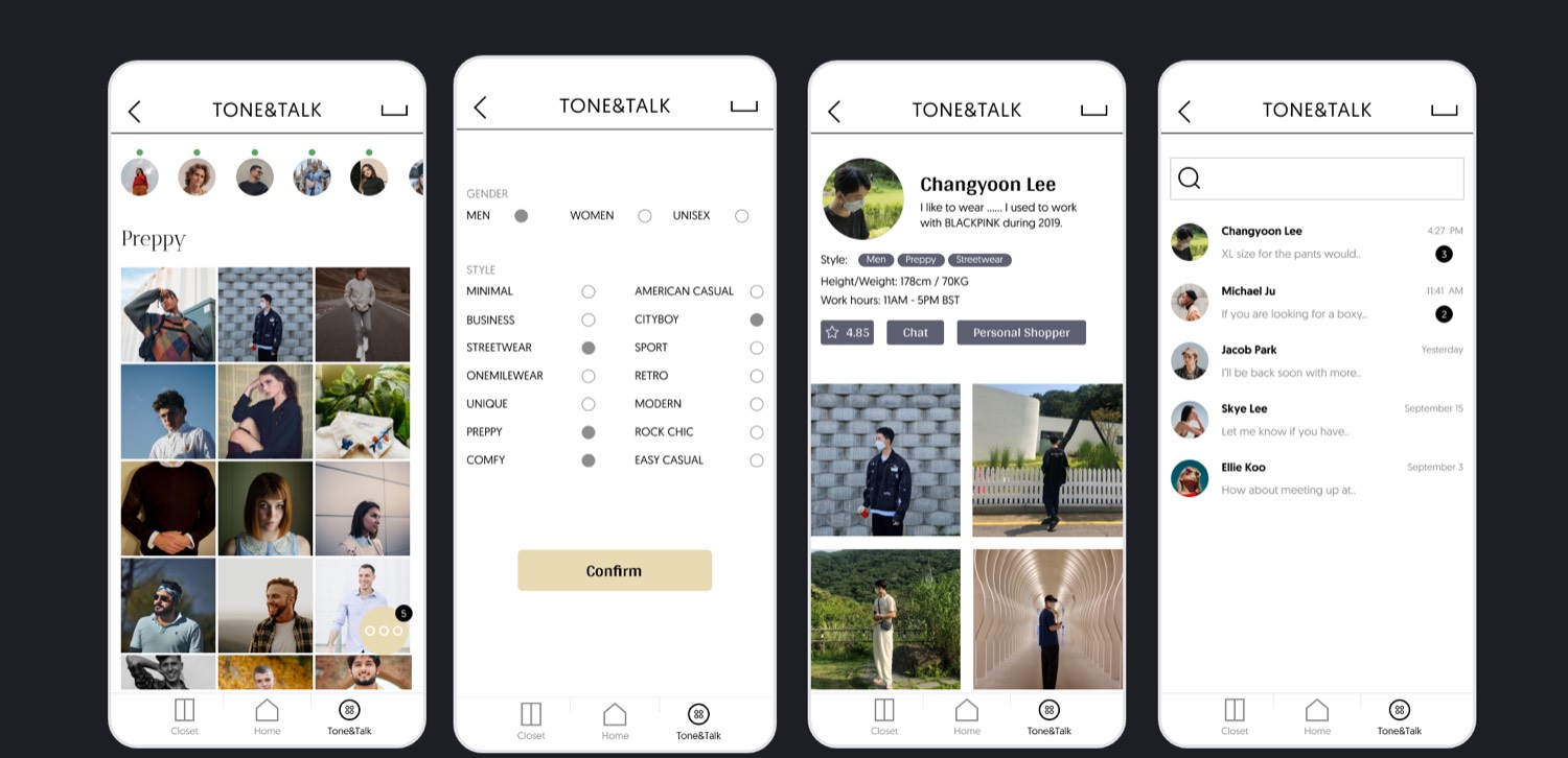 Final UI: Tone & Talk flow — stylist grid, style filter panel, stylist profile, and chat list