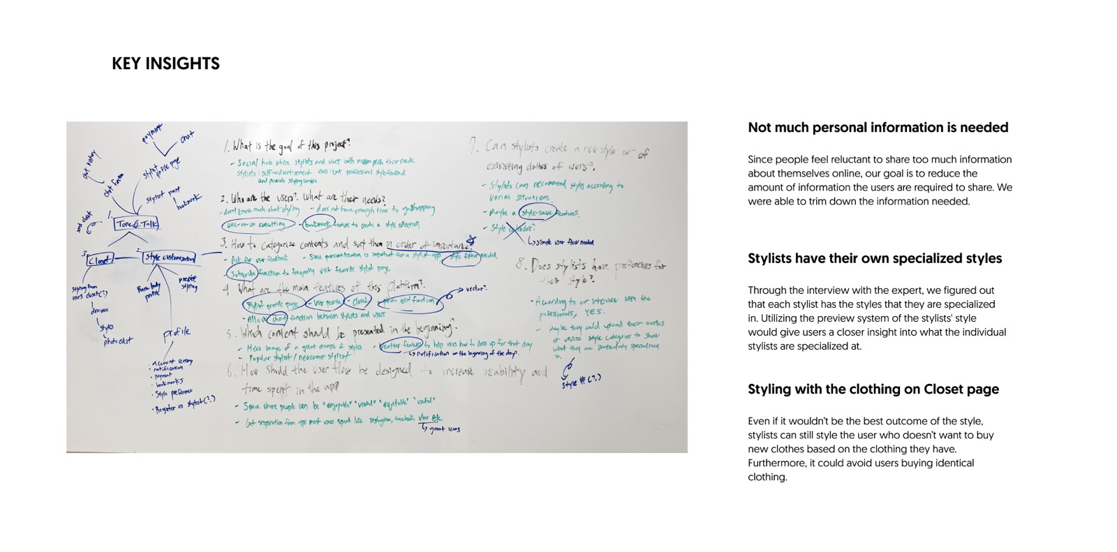 Slide: Key Insights — brainstorm whiteboard photo with the three insight paragraphs