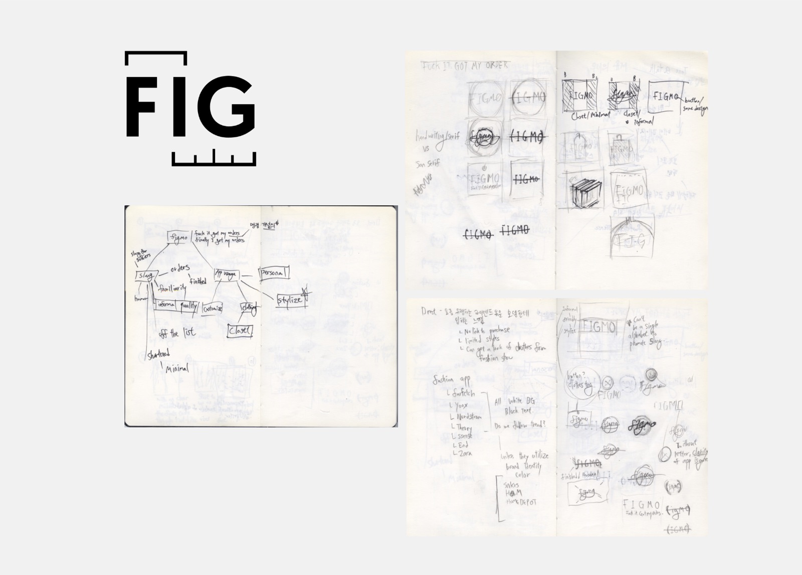 Logo development: FIG wordmark with ruler marks, naming mindmap, and logo iteration sketches