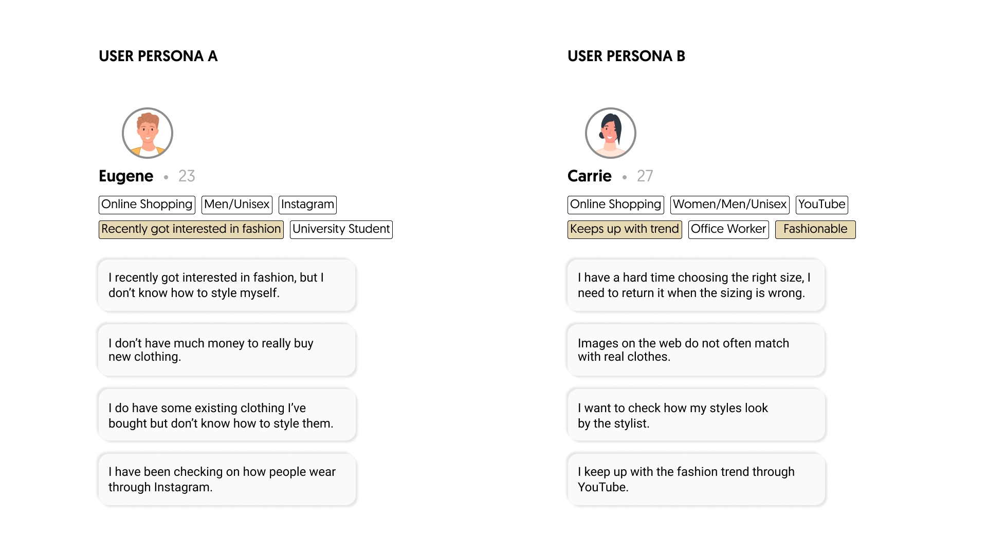 User persona slide: Eugene (23) and Carrie (27) with need statements