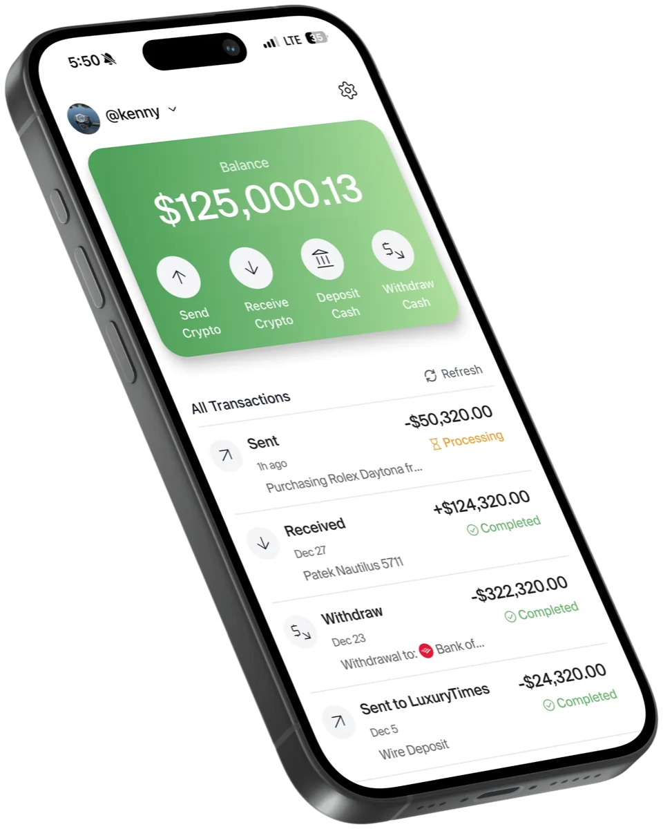 The KettlePay home screen on a phone: a $125,000.13 balance over Send, Receive, Deposit and Withdraw.