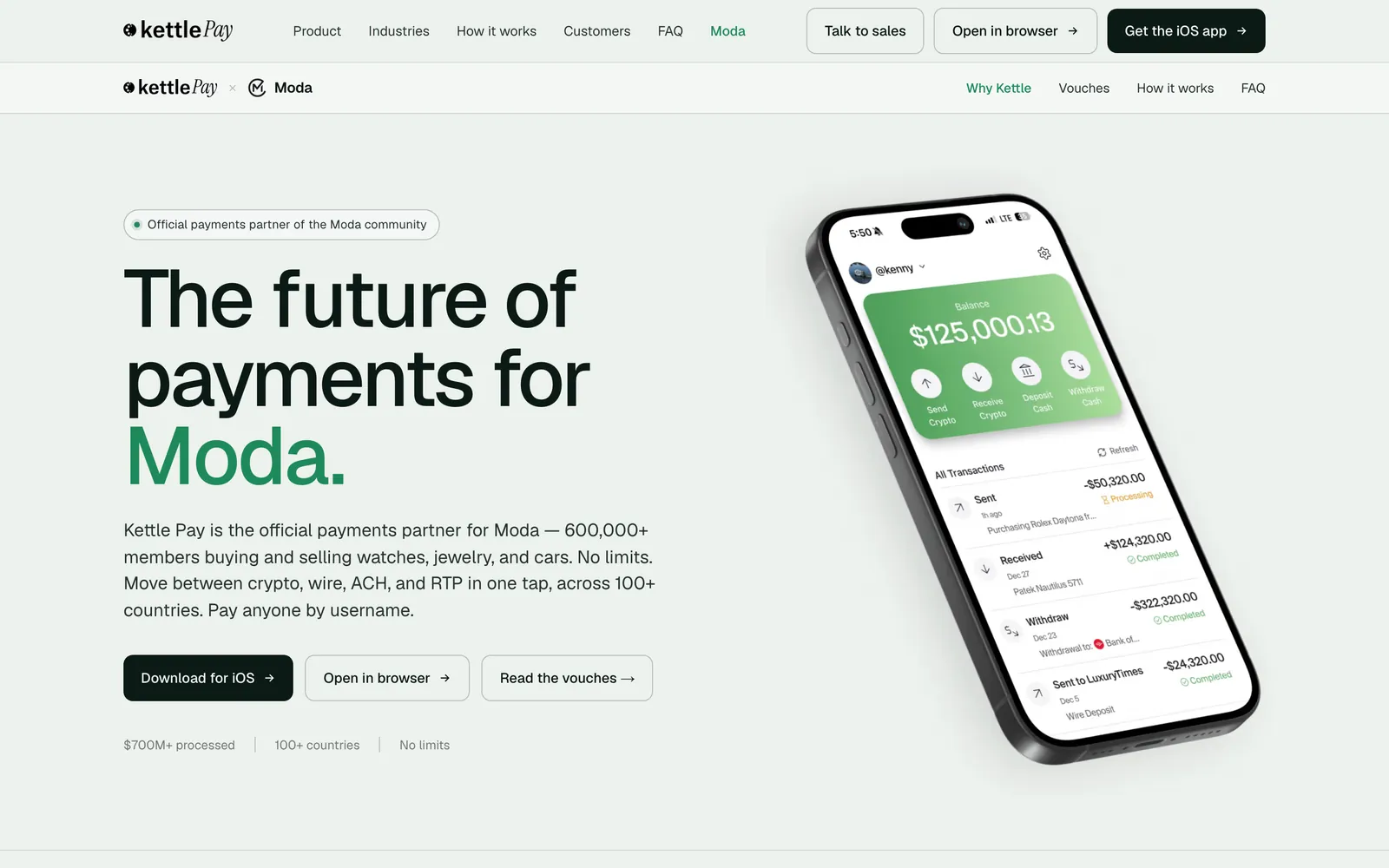A light two-column landing page: ink headline on the left, phone render on the right.