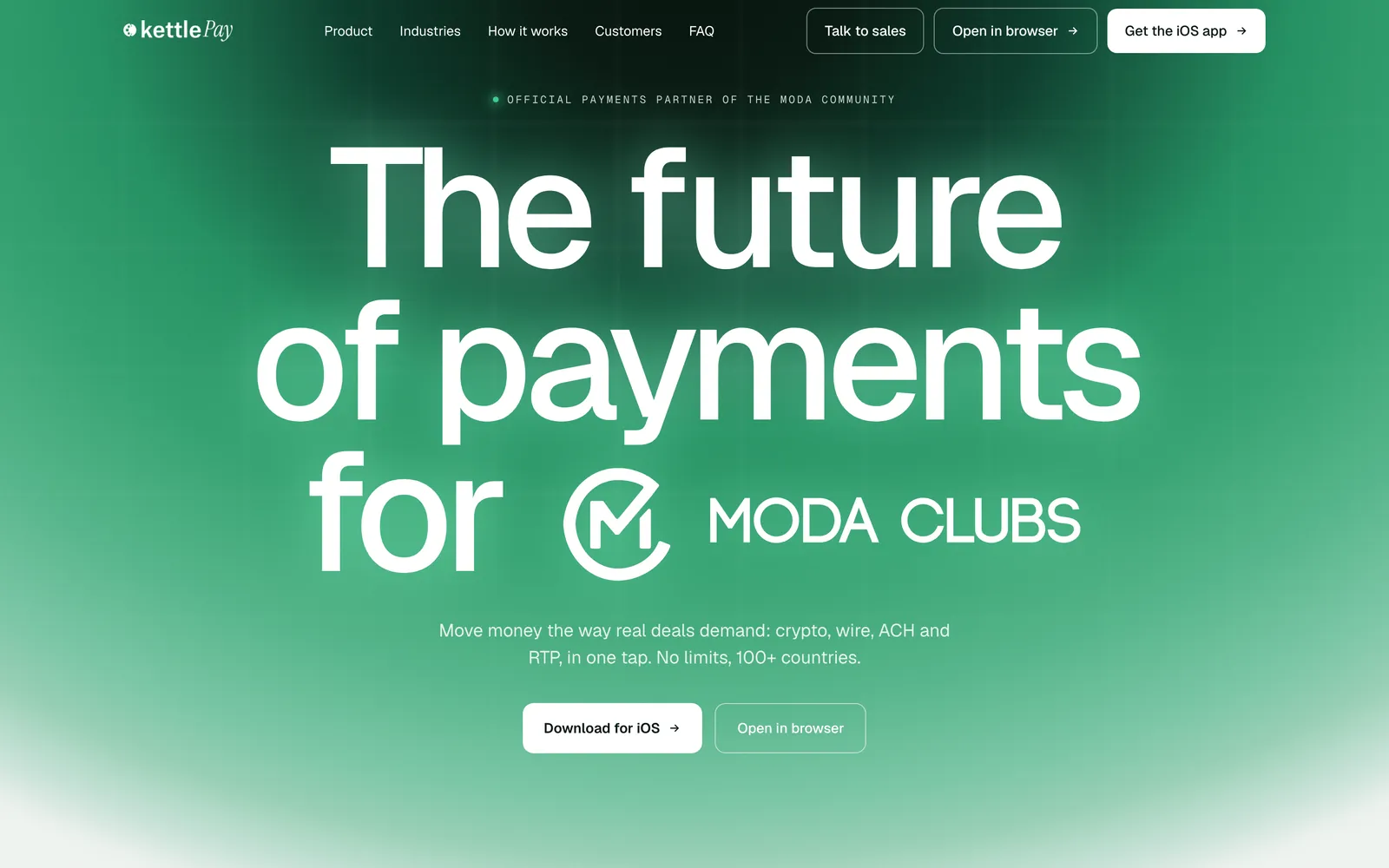 A light-mint glow behind the white headline, with the sub-line and ghost CTA flipped to white.