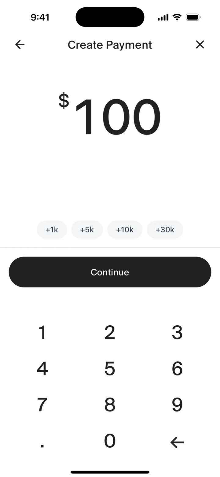 The receive flow’s Create Payment keypad, showing $100 over the quick-add chips.