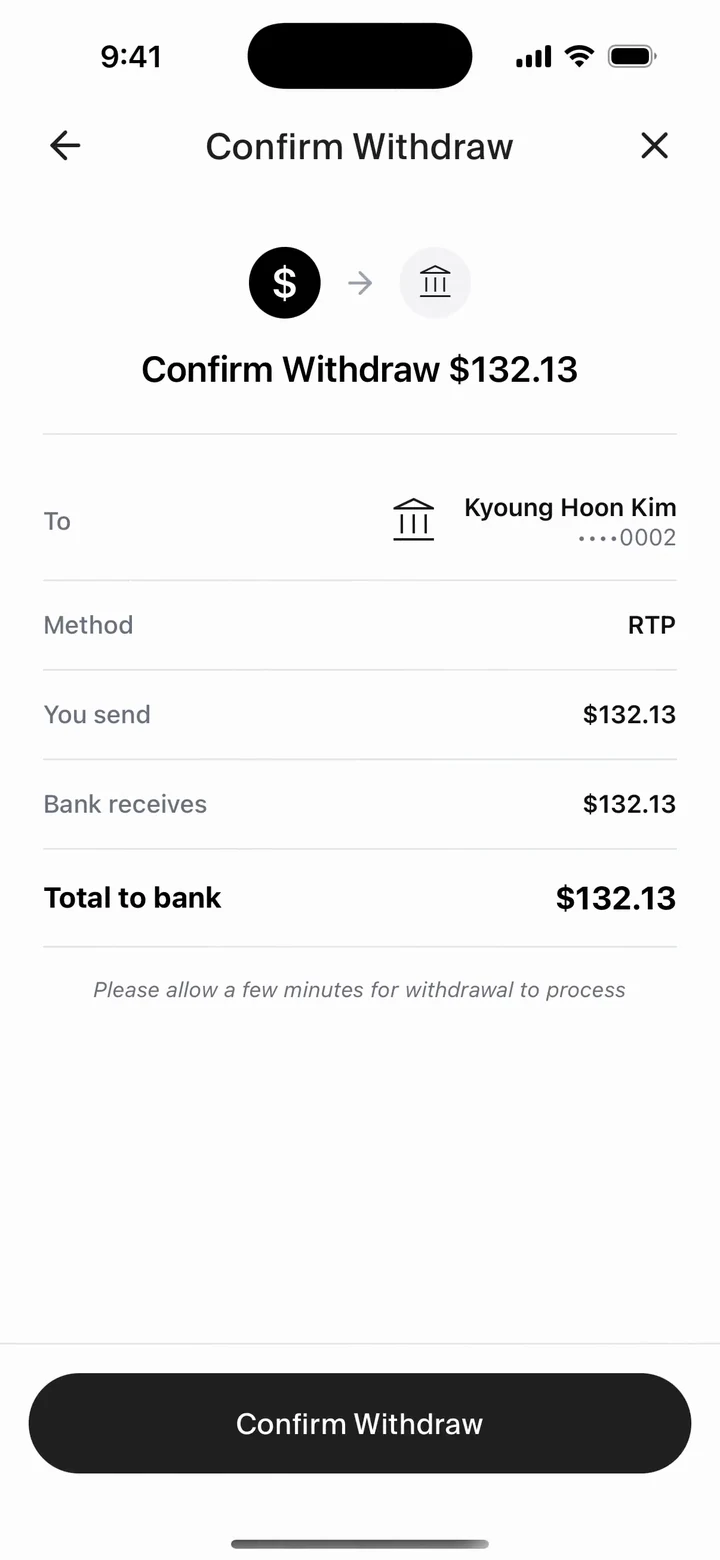 The withdraw flow’s confirm screen: Confirm Withdraw $132.13, with method, you send, bank receives and total to bank.